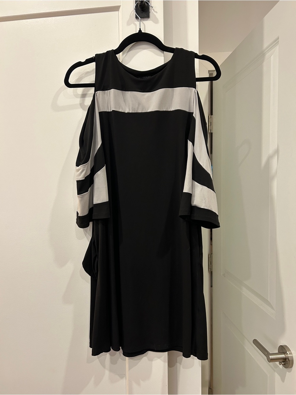 Nina Leonard Black and White Cold-Shoulder Midi Dress